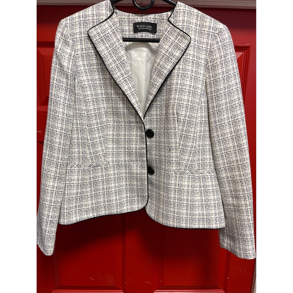 Black Label by Evan-Picone Women Tweed Blazer White Black Grid Jacket